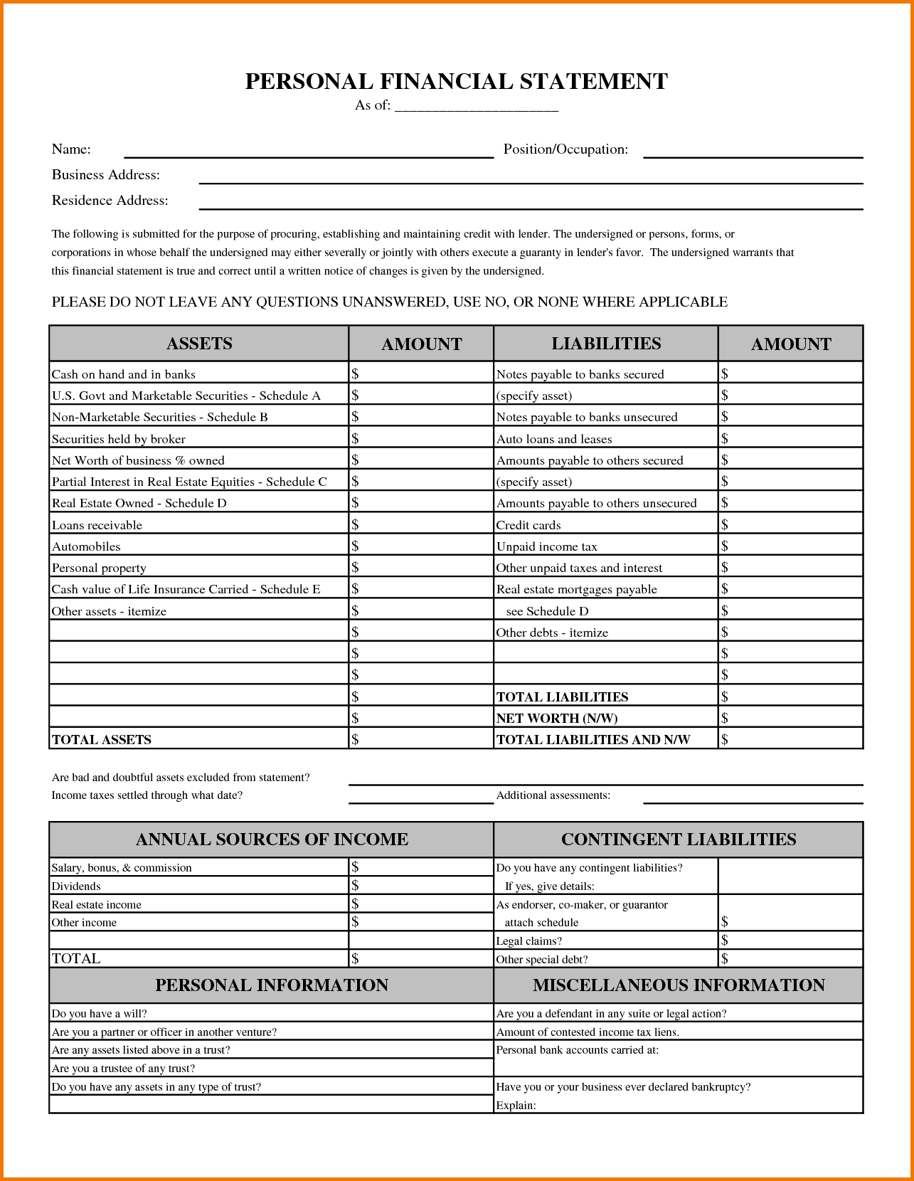 Personal Financial Statement Template For Mac And Personal Financial Statements Templates